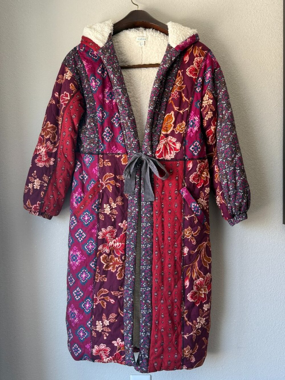 Sundance Linnea Robe Jacket Patchwork Sherpa Lined Boho Multicolor Floral Hooded